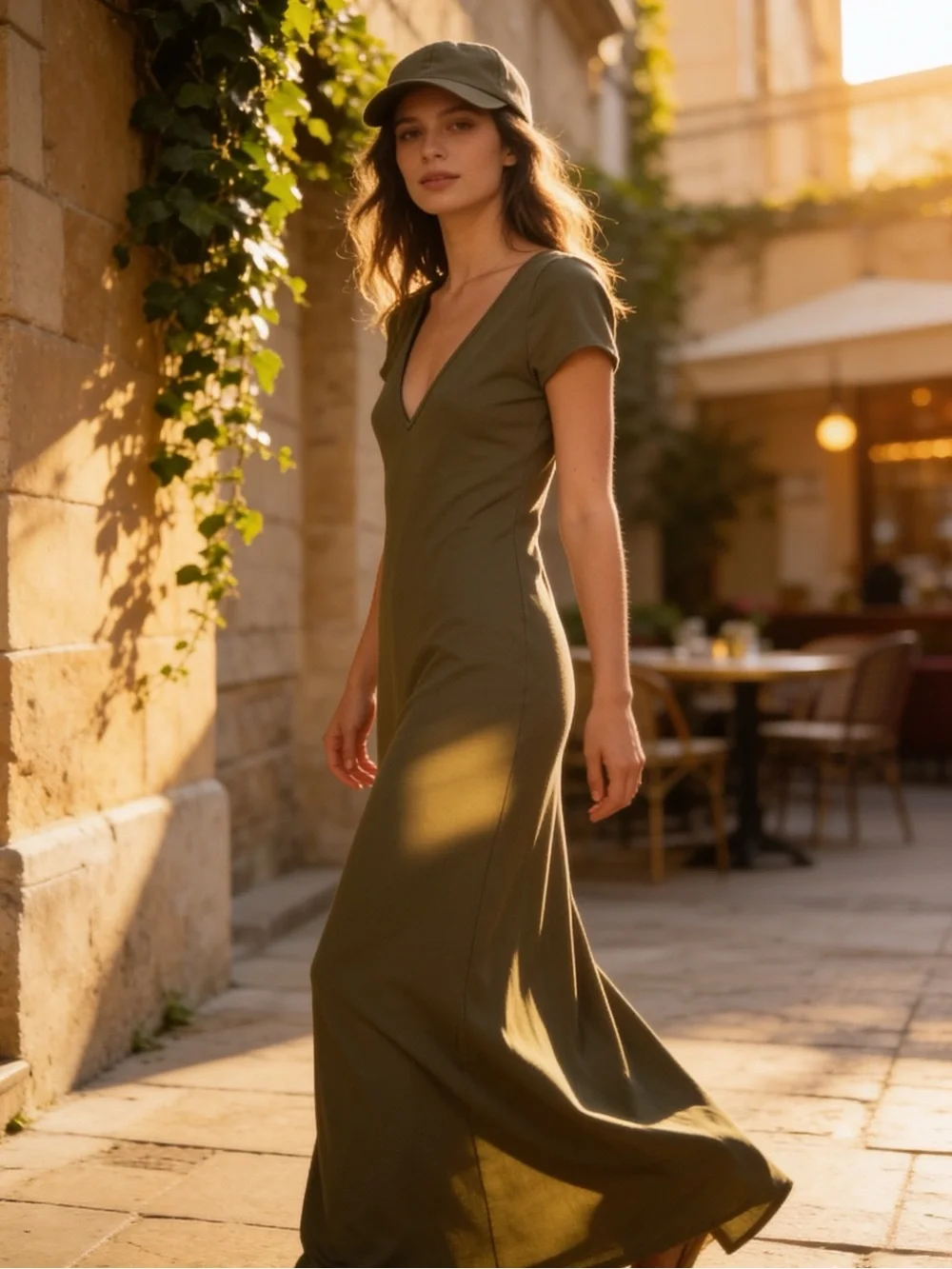 Women’s Heart & Hips Double V Neck Ribbed Bodycon Maxi Dress Olive Green Size M - Picture 2 of 8
